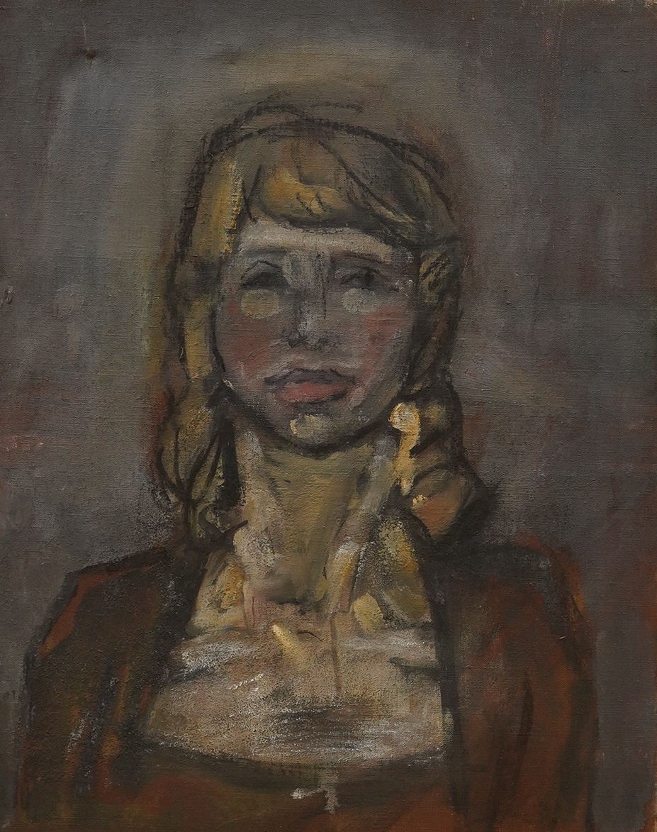 Edward Wakeford (1914-1973) oil on canvas, Head and shoulders portrait of a girl, unsigned, label verso, 51 x 41cm, unframed. Condition - fair, dent to canvas upper left